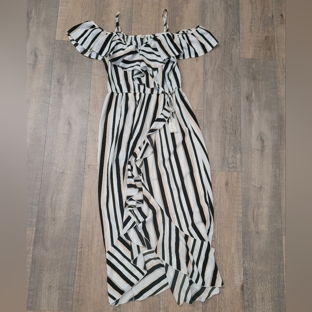 BLUSH | Ruffled Off the Shoulder Striped Dress